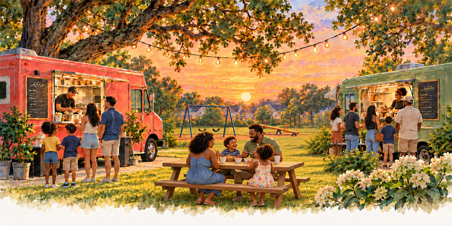 A diverse group of neighbors and families gathering at food trucks and sharing a picnic under string lights.